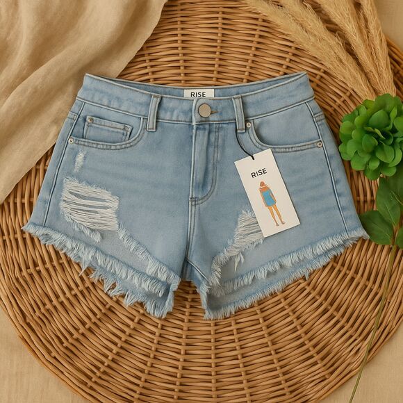Women’s Light Denim Festival Shorts Boho Style Frayed Hem Soft Fabric - Picture 9 of 10
